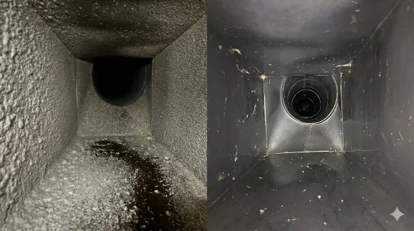 Inside an extract duct before and after cleaning